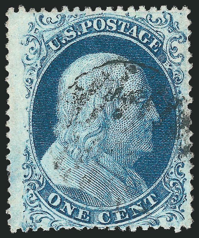 1c Blue, Ty. II (20).> Position 4L11, T Relief from the top row of the plate, wide margins especially at left, rich color, neat grid cancel, Very Fine and choice
