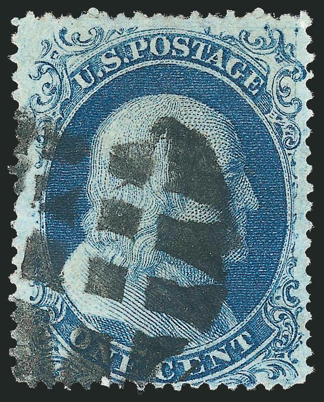 1c Blue, Ty. II (20).> Position 2R11, T Relief from the top row of the plate, pretty shade, bold strike of segmented cork cancel, small thin spot at top, Fine appearance, ex Neinken