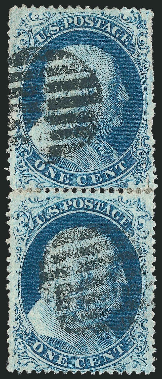 1c Blue, Ty. IIIIIa (2022).> Positions 212R11, TA Reliefs from the top two rows of the plate, vertical pair, rich color, grid cancels, top stamp two small tears and few short perfs at upper right, perf
separations sensibly reinforced, still Very