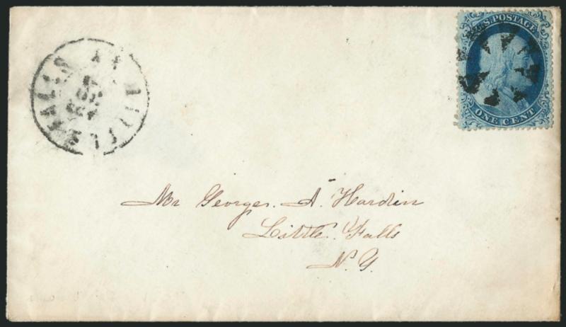 1c Blue, Ty. II (20).> Plate 11, T Relief from the top row of the plate, cancelled by circle of wedges, Little Falls N.Y. Apr. 30 double-circle datestamp on locally-addressed cover, small piece of flap
missing, Very Fine and choice stamp on an attr