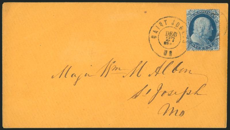 1c Blue, Ty. II (20).> Plate 11, T Relief from the top row of the plate, choice centering, tied by target and by Saint Joseph Mo. Dec. 27, 1863 double-circle datestamp on locally-addressed buff cover, with
original enclosure confirming the late yea