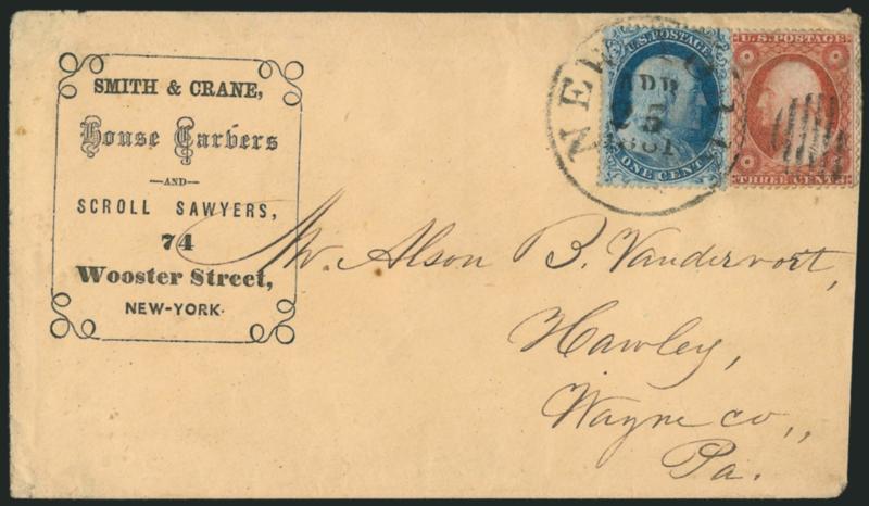 1c Blue, Ty. II (20).> Plate 11, T Relief from the top row of the plate, used with <3c Dull Red, Ty. III (26)> and tied by New-York Apr. 25, 1861 circular datestamp with duplex grid on <house carvers and
scroll sawyers corner card> cover to Hawley