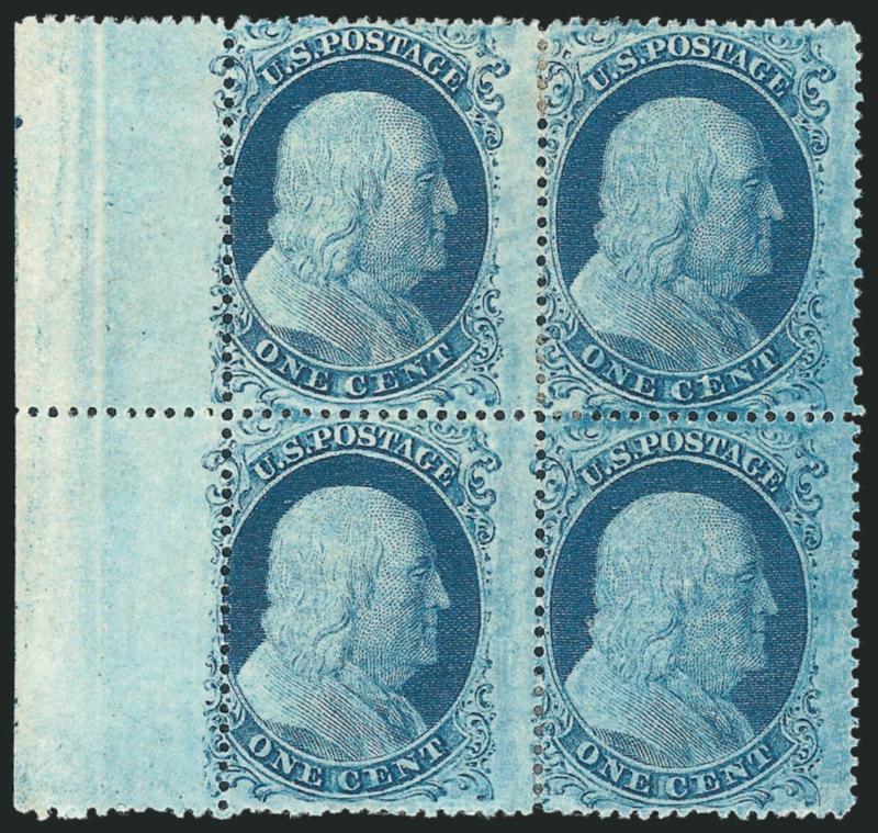 1c Blue, Ty. IIIa (22).> Positions 81-8291-92L11, block of four with <wide sheet selvage> at left, <all four are B Relief entries,> original gum, h.r., intense color with characteristic mottling, perfs cut in
at left<><>^VERY GOOD. A RARE PLATED 1
