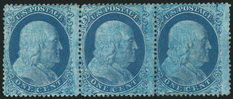 1c Blue, Ty. IIIa (22).> Plate 11, B Relief, horizontal strip of three, disturbed original gum, rich color, centered to left, few expertly rejoined perf separations<><>^FINE. AN EXTREMELY RARE 1857 ONE-CENT
TYPE IIIa STRIP OF THREE FROM PLATE ELEVE