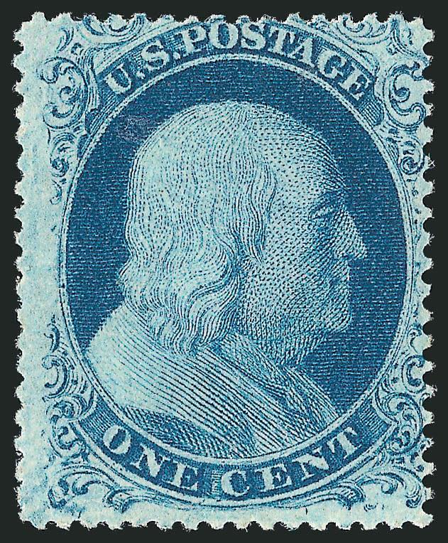 1c Blue, Ty. IIIa, Triple Transfer (22 var).> Plate 11, B Relief from an undetermined position, shows erased entry at bottom including well-defined lines of bottom right plume about 2mm to the left of the
same plume on the primary entry, also shows t
