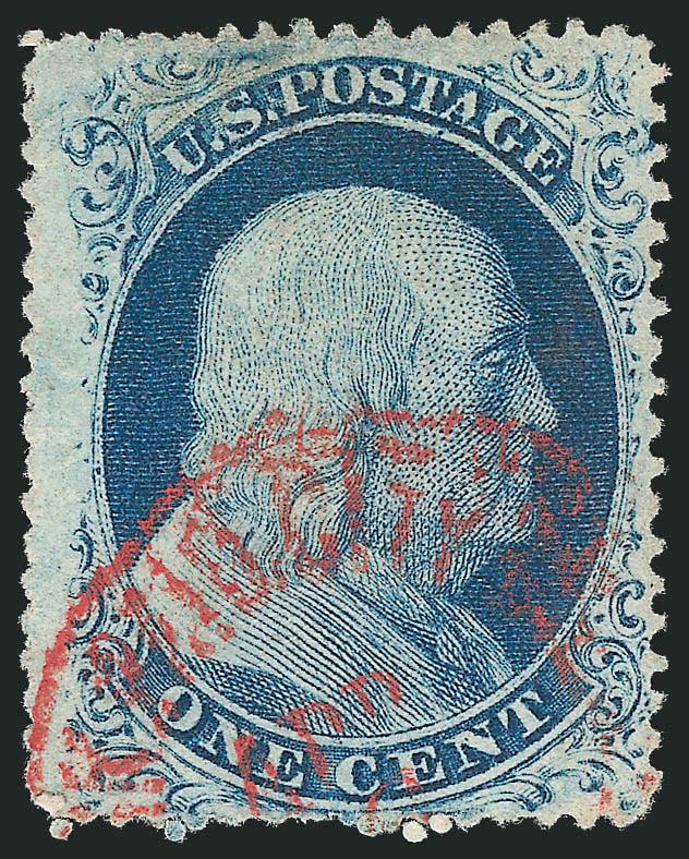 1c Blue, Ty. IIIa, Triple Transfer (22 var).> Plate 11, A Relief from an undetermined position, a sharp impression showing wide break at top and many lines of the triple transfer, neat strike of <red New York
City carrier datestamp> at bottom<><>^V