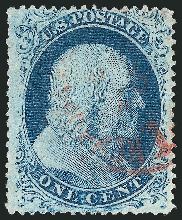 1c Blue, Ty. IIIa, Triple Transfer (22 var).> Plate 11, A Relief from an undetermined position, showing wide break at top and clearly showing the triple transfer at top, light strike of <red New York City
carrier datestamp,> few shortish perfs<>^VER