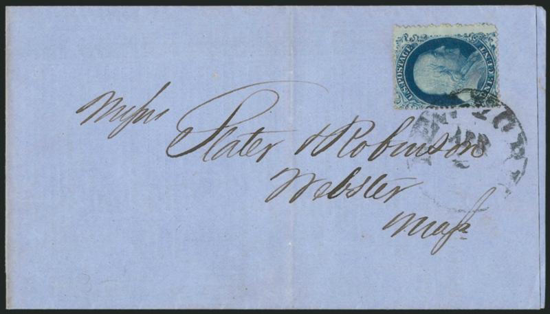 1c Blue, Ty. IIIa (22).> Plate 11, B Relief with <double transfer in Cent,> beautiful deep color, tied by New-York Apr. ? (1861) circular datestamp on folded prices current to Webster Mass., file fold well
clear of stamp, Fine