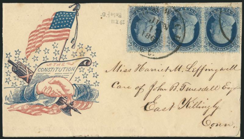 1c Blue, Ty. IIIa (22).> Positions 27-29R11, B Relief, right stamp with <double transfer,> tied by Norwich Ct. Jun. 18, 1861 circular datestamp on red and blue <The Constitution Shaking Hands with Flag
Patriotic> cover to East Killingley Conn., s