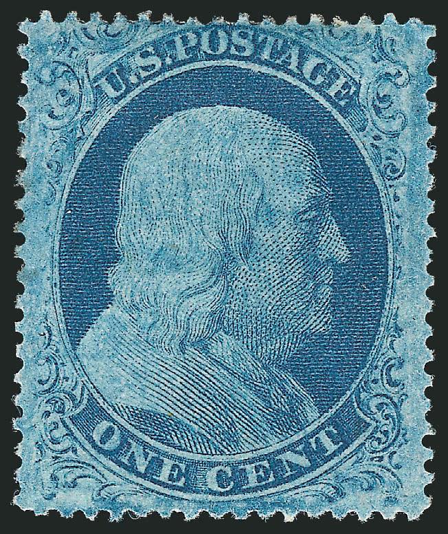 1c Blue, Ty. IIIa (22).> Plate 11, A Relief, original gum, h.r., intense shade, choice centering with well-proportioned margins<><>^VERY FINE AND CHOICE. A BEAUTIFUL ORIGINAL-GUM EXAMPLE OF THE 1857 ONE-CENT
TYPE IIIa FROM PLATE 11.^<><>Ex Neinke