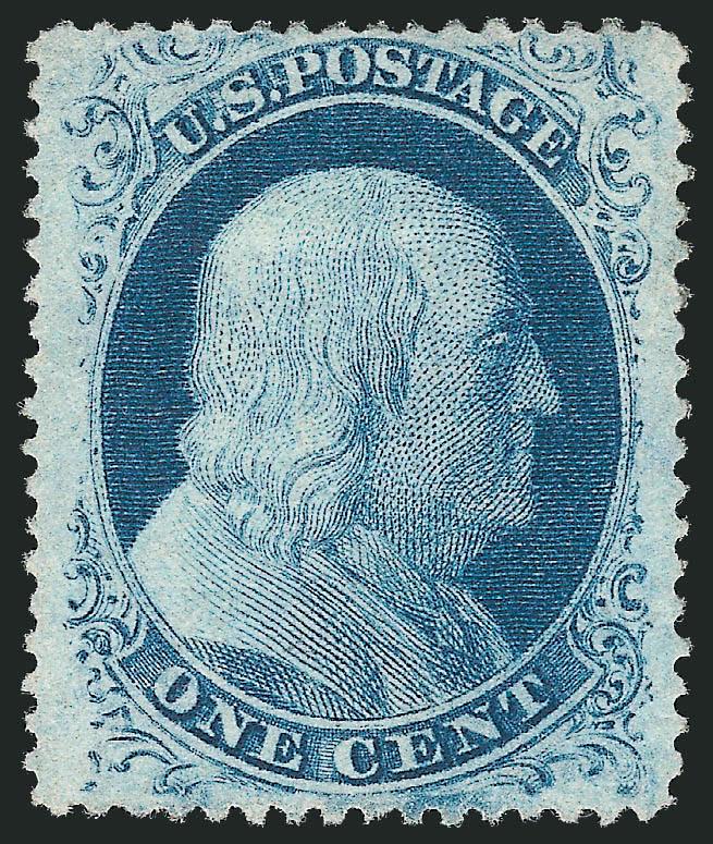 1c Blue, Ty. IIIa (22).> Plate 11, A Relief, unused (no gum), rich color, wide and balanced margins, bright color, fresh and Extremely Fine, a beautiful stamp and scarce with such choice centering, ex Neinken,
Scott Retail as with gum