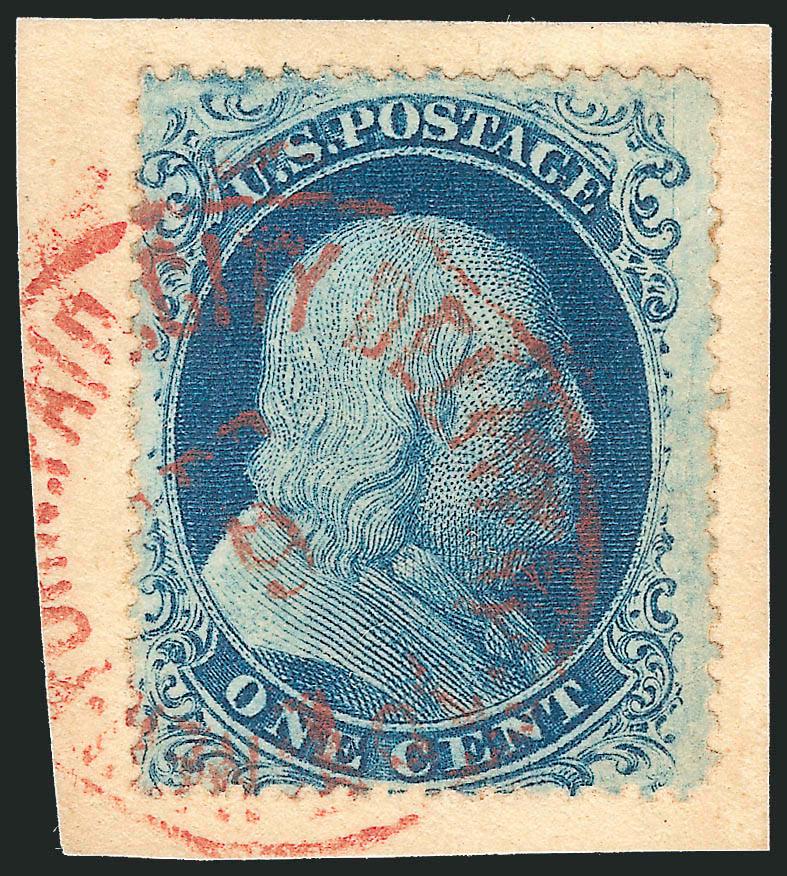 1c Blue, Ty. IIIa (22).> Plate 11, B Relief, bright color, tied by <red> New York paid City Delivery 1ct. Feb. 9 circular datestamp on small piece, fresh and Very Fine, with 1976 P.F. certificate