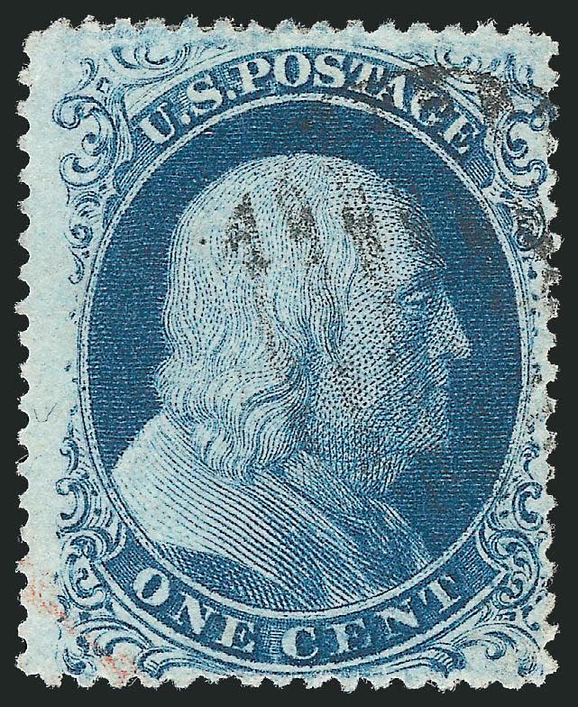1c Blue, Ty. IIIa (22).> Plate 11, B Relief, intense shade, light strike of grid cancel and also part of red transit at lower left, Very Fine, ex Neinken