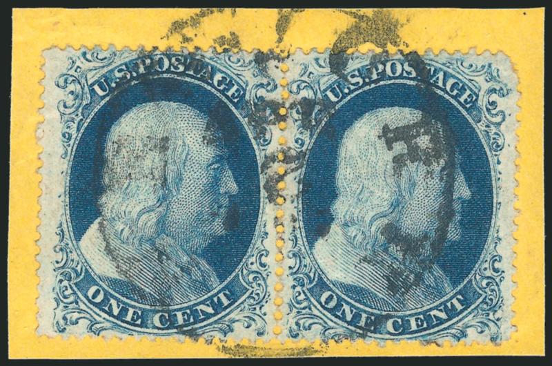 1c Blue, Ty. IIIa (22).> Plate 11, B Relief, horizontal pair, tied by New York circular datestamp on small piece, fresh and Very Fine, a pretty pair