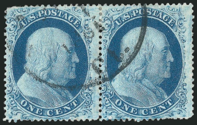 1c Blue, Ty. IIIa (22).> Plate 11, A Relief, horizontal pair, bright shade, neat Conn. circular datestamp, few shortish perfs at top left, Very Fine appearance, scarce pair from Plate 11, ex Neinken