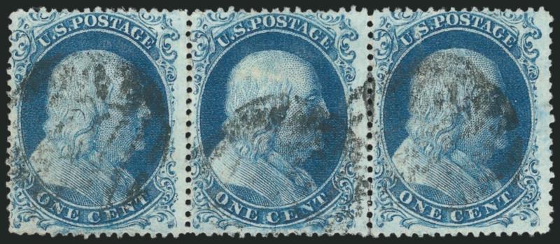 1c Blue, Ty. IIIa (22).> Plate 11, B Relief, horizontal strip of three, bright shade, bold grid cancels, few perf separations sensibly reinforced, right stamp unusual dry printing area at top left, Fine-Very
Fine, scarce multiple from Plate 11, ex Ne