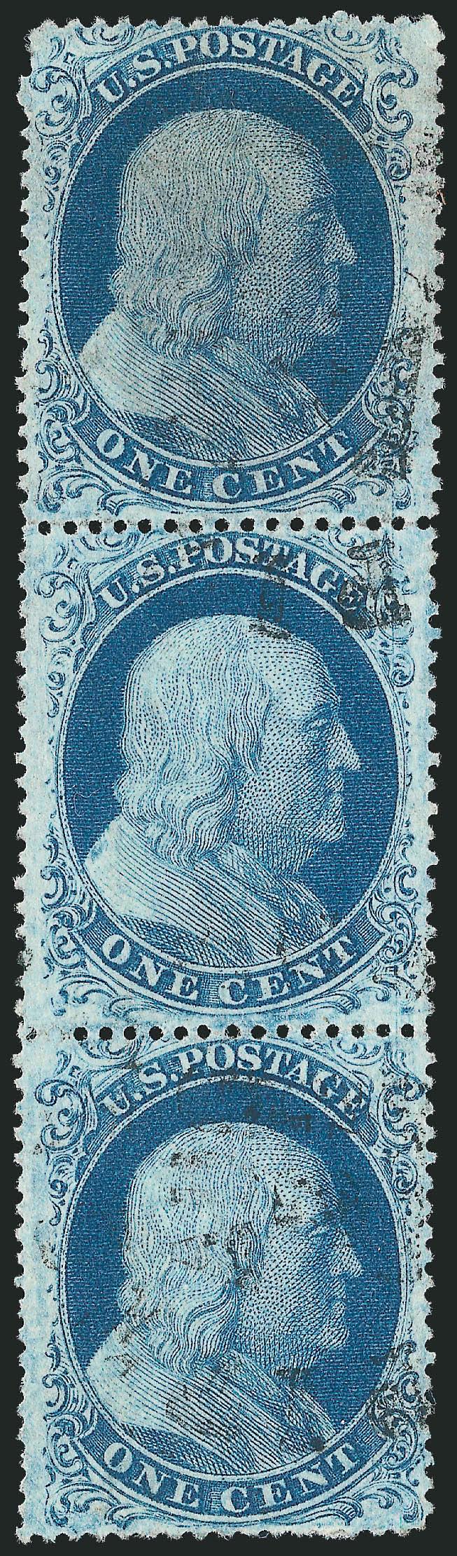 1c Blue, Ty. IIIa (22).> Positions 495969R11, BAB Reliefs, vertical strip of three, pretty shade, unobtrusive cancels, top stamp light corner crease at top right and single short perf at top left, otherwise
Very Fine, ex Neinken