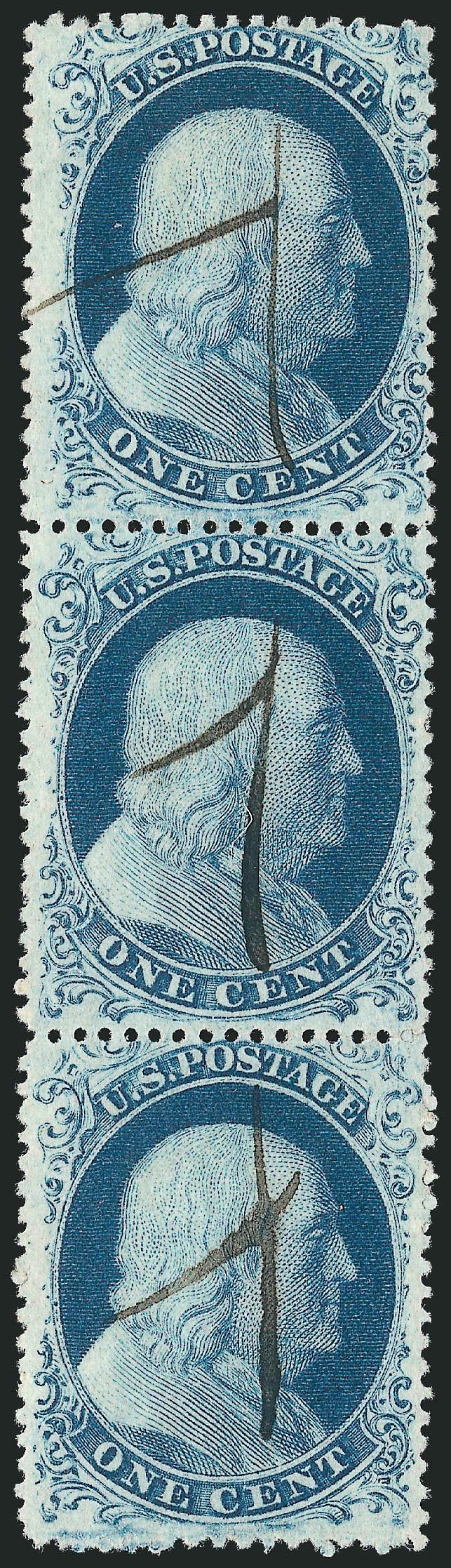 1c Blue, Ty. IIIa (22).> Plate 11, ABA Reliefs, vertical strip of three, bright color, neat manuscript X cancels, fresh and Very Fine, ex Neinken