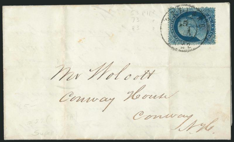 1c Blue, Ty. IIIa (22).> Plate 11, B Relief, rich color and gorgeous centering, tied by Portland Me. 25 Jun. 1861 double-circle datestamp on June 1, 1861 Havana Cigars circular to Conway House New York, file
fold under the top perfs but does not af