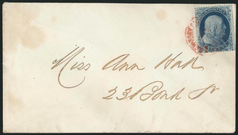 1c Blue, Ty. IIIa (22).> Plate 11, B Relief, rich color and crisp impression, balanced margins, tied by <red New York Paid City Delivery 1ct. carrier datestamp> on cover to local street address, cover with
some slight oil stains, otherwise Very Fin