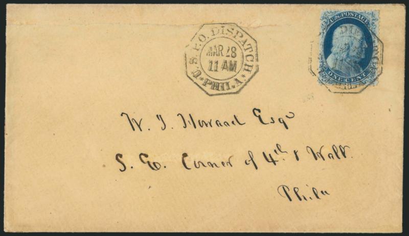 1c Blue, Ty. IIIa (22).> Plate 11, A Relief, rich color and beautifully centered, tied by U.S.P.O. Dispatch Phila. Mar. 28 11AM octagonal carriers datestamp with second strike at left on cover to local street
address, notes on back indicate an enc
