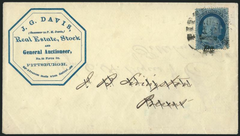 1c Blue, Ty. IIIa (22).> Plate 11, B Relief, tied by rimless Pittsburgh Pa. Aug. 12 circular datestamp on real estate corner card <turned cover> to local address, second use three days later and also franked
with 1c Ty. IIIa from Plate 11, same Pit