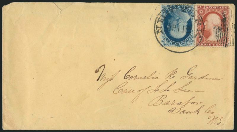 1c Blue, Ty. IIIa (22).> Plate 11, A Relief, used with <3c Dull Red Ty. III (26),> tied by grid, both stamps also tied by <New-York Ap. 11 61 Norton-patent grid duplex with 61 year slug vertically at side of
month and day,> on yellow cover to Bara
