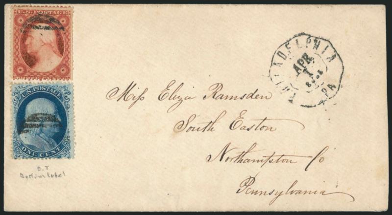 1c Blue, Ty. IIIa (22).> Plate 11, B Relief, showing <double transfer,> used with <3c Dull Red, Ty. III (26),> both stamps cancelled by grid (not tied), matching Philadelphia Pa. Apr. 1, 1861 octagonal
datestamp on cover to South Easton Pa., fresh