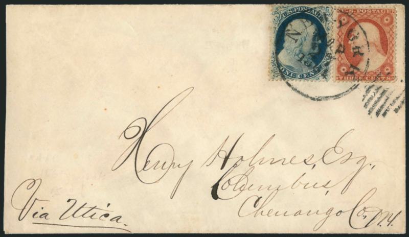 1c Blue, Ty. IIIa (22).> Plate 11, A Relief, rich color and nicely centered, used with <3c Dull Red, Ty. III (26),> both stamps tied by New-York Mar. 27, 1861 duplex circular datestamp on cover to Columbus
N.Y., endorsed <<Via Utica>> at bottom,