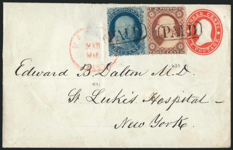 1c Blue, Ty. IIIa (22).> Plate 11, B Relief, used with <3c Dull Red, Ty. III (26),> stamps tied by Paid in frame cancel and 1c tied by red Boston Mass. Mar. ? circular datestamp on <3c Red Star Die entire> to
St. Lukes Hospital in New York, 3c w