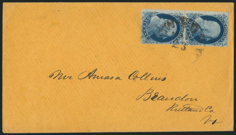 1c Blue, Ty. IIIa (22).> Plate 11, BA Reliefs, vertical pair, beautiful rich color, tied by partly clear strike of New-York May? 23 circular datestamp on buff cover to Brandon Vt., fresh and Very Fine, ex
Neinken