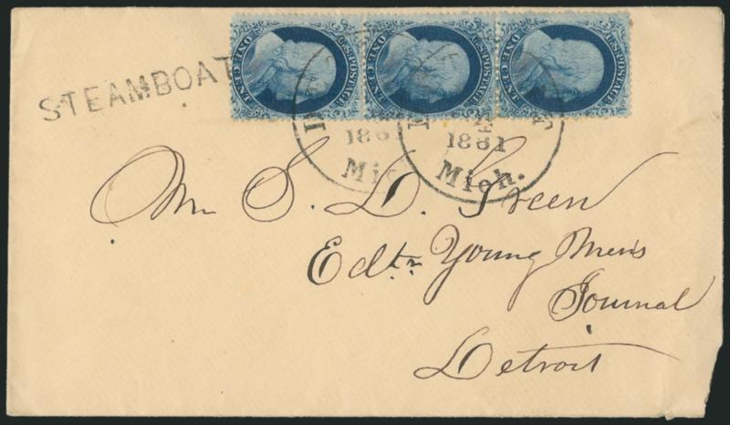 1c Blue, Ty. IIIa (22).> Plate 11, ABA Reliefs, vertical strip of three, top stamp with <double transfer,> tied by Detroit Mich. May 4, 1861 circular datestamps on inbound cover to Detroit, bottom stamp also
tied by <Steamboat> straightline han