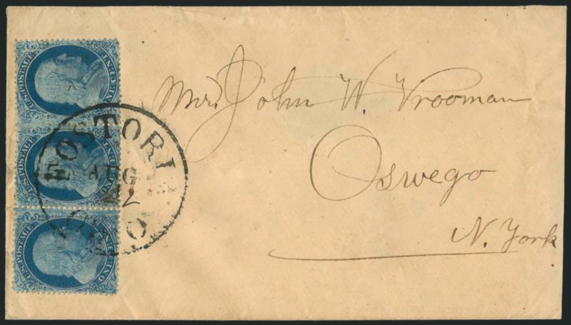 1c Blue, Ty. IIIa (22).> Plate 11, B Relief, horizontal strip of three, tied by bold strike of Fostoria Ohio Aug. 22 circular datestamp with date in manuscript on cover to Oswego N.Y., intense shade and
attractive plate mottling, choice centering,