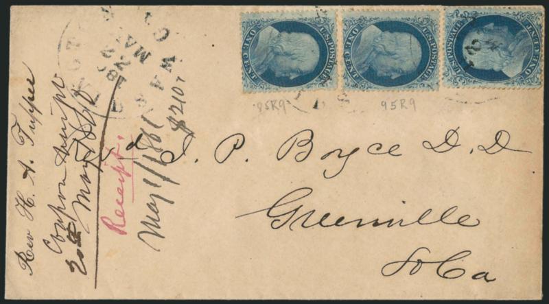 1c Blue, Ty. IIIa (22).> Plate 11, B Relief, used with two <1c Blue Ty. V (24, Positions 85R9 and 95R9),> right stamp the Ty. IIIa, tied by light strikes of Washington Ct. 1861 22 May circular datestamp with
<22 inverted,> additional clearer stri