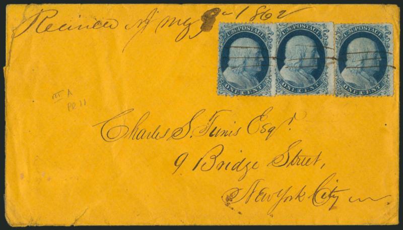 1c Blue, Ty. IIIa (22).> Plate 11, B Reliefs, tied by pen strokes, manuscript <Reveille N.J. My. 1, 1862> postmark on yellow cover to New York, cover tears and middle stamp with perf faults, Fine appearing and
rare <May 1862 demonetized use,> most
