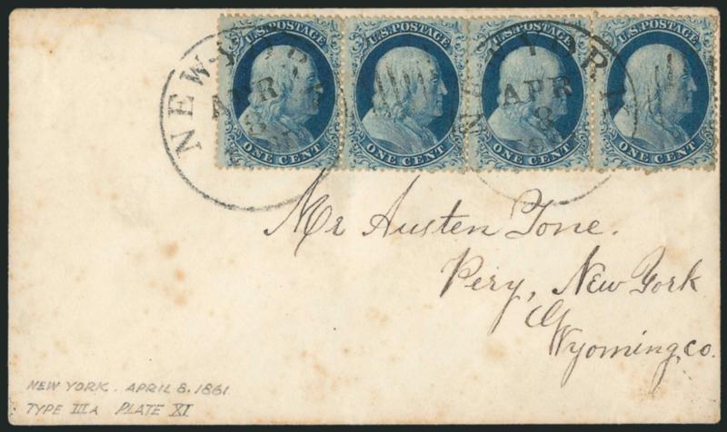 1c Blue, Ty. IIIa (22).> Plate 11, A Relief, <horizontal strip of four,> tied by New-York Apr. 8, 1861 circular datestamps on cover to Perry N.Y., mostly separated between pairs prior to use, cover with some
toned spots, Very Fine, a very scarce st