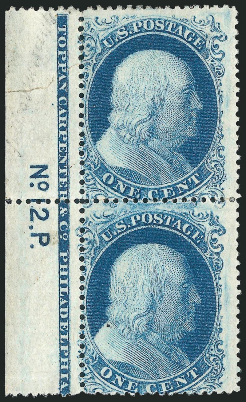 1c Blue, Ty. I, II (18, 20).> Positions 4151L12, CB Reliefs, vertical pair with <full Toppan Carpenter & Co. Philadelphia Second Type imprint and No. 12.P. plate number> in selvage at left, top stamp Type I,
bottom stamp Type II, original gum,