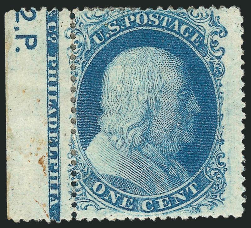 1c Blue, Ty. II (20).> Position 51L12, B Relief, with <& Co. Philadelphia part imprint and 2.P part plate number> in selvage at left, original gum, h.r., rich color, selvage partly separated and sensibly
reinforced by hinge, Fine, a very rare exa
