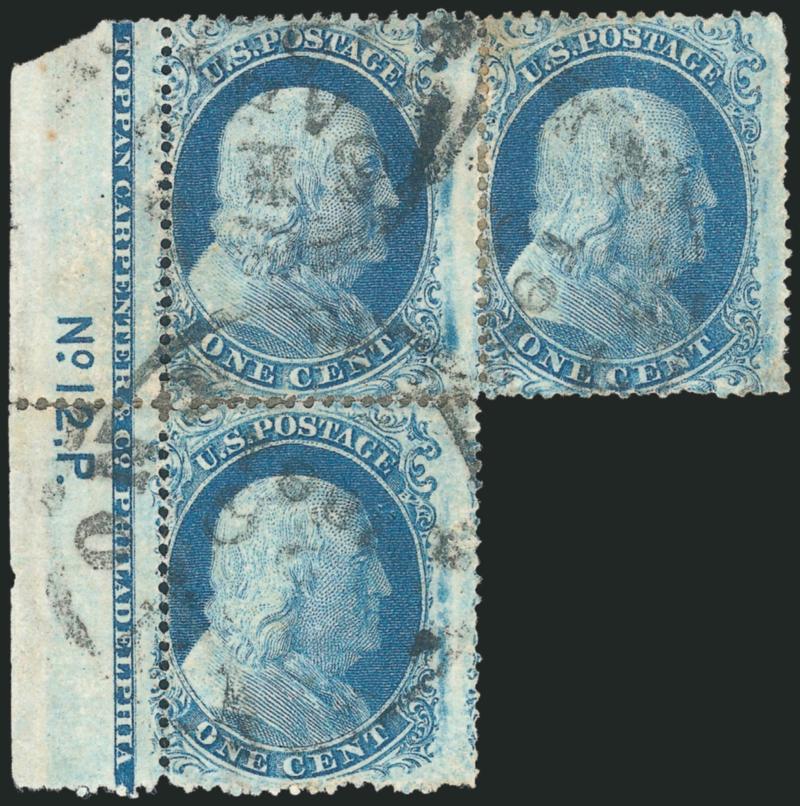 1c Blue, Ty. I, II (18, 20).> Positions 41-4251L12, CB Reliefs, rejoined L-shaped block of three with <full Toppan Carpenter & Co. Philadelphia imprint and No. 12.P. plate number> in selvage at left, top
stamps Type I, bottom stamp Type II, bri