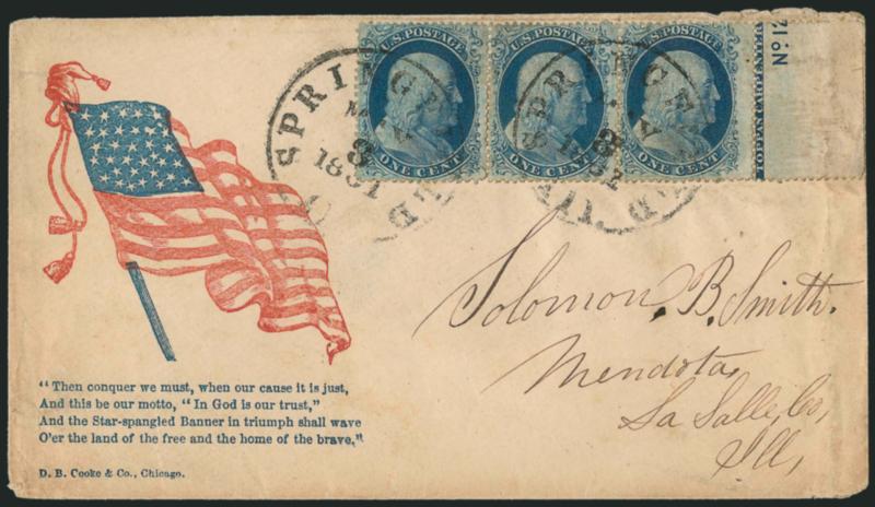 1c Blue, Ty. II (20).> Positions 58-60R12, B Relief, horizontal strip of three with <Toppan Carpenter part imprint and No. 12 plate number> in selvage at right, choice centering, deep shade, tied by
Springfield Ill. May 8, 1861 circular datesta