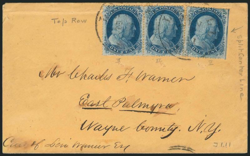 1c Blue, Ty. II (20).> Positions 8-10L12, A Relief, horizontal pair and single originally forming a strip of three, <straddle-pane margin and centerline> at right, tied by Lowell Ms. Jan. 25, 1861 circular
datestamps on buff cover to East Palmyra N