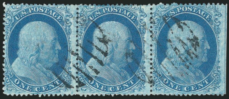 1c Blue, Ty. II (20).> Positions 38-40L12, B Relief, horizontal strip of three with <straddle-pane margin and centerline> at right, rich color, light strikes of grid cancel, Fine-Very Fine, ex Neinken