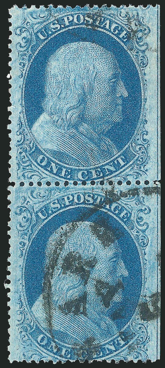 1c Blue, Ty. III (2018).> Positions 4050L12, BC Reliefs, vertical pair, bottom stamp Type I, <straddle-pane margin and centerline> at right, rich color, neat strike of circular datestamp, Very Fine and choice,
a beautiful combination pair, ex Nei