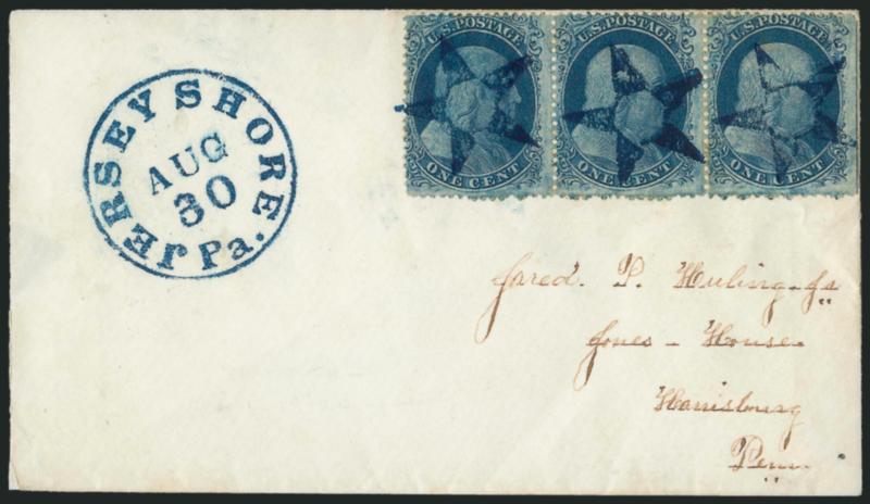 1c Blue, Ty. II (20).> Positions 58-60L12, B Relief, horizontal strip of three with <straddle-pane margin and centerline> at right, tied by three perfect strikes of <blue Star with Circle at Center fancy
cancel,> equally perfect matching Jersey Shor