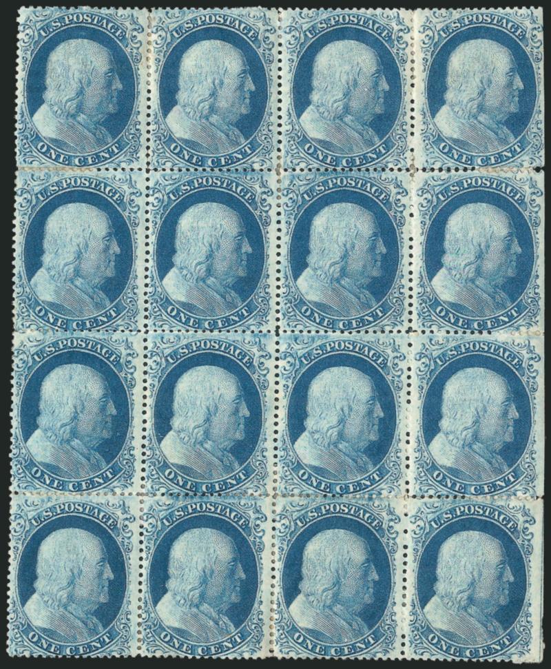 1c Blue, Ty. I, II, IIIa (18, 20, 22).> Positions 47-5057-6067-7077-80L12, block of sixteen with <straddle-pane and trace of centerline> at right, eight Type I (C Relief), seven Type II (B Relief), one Type
IIIa (Position 67L12 -- a swing position