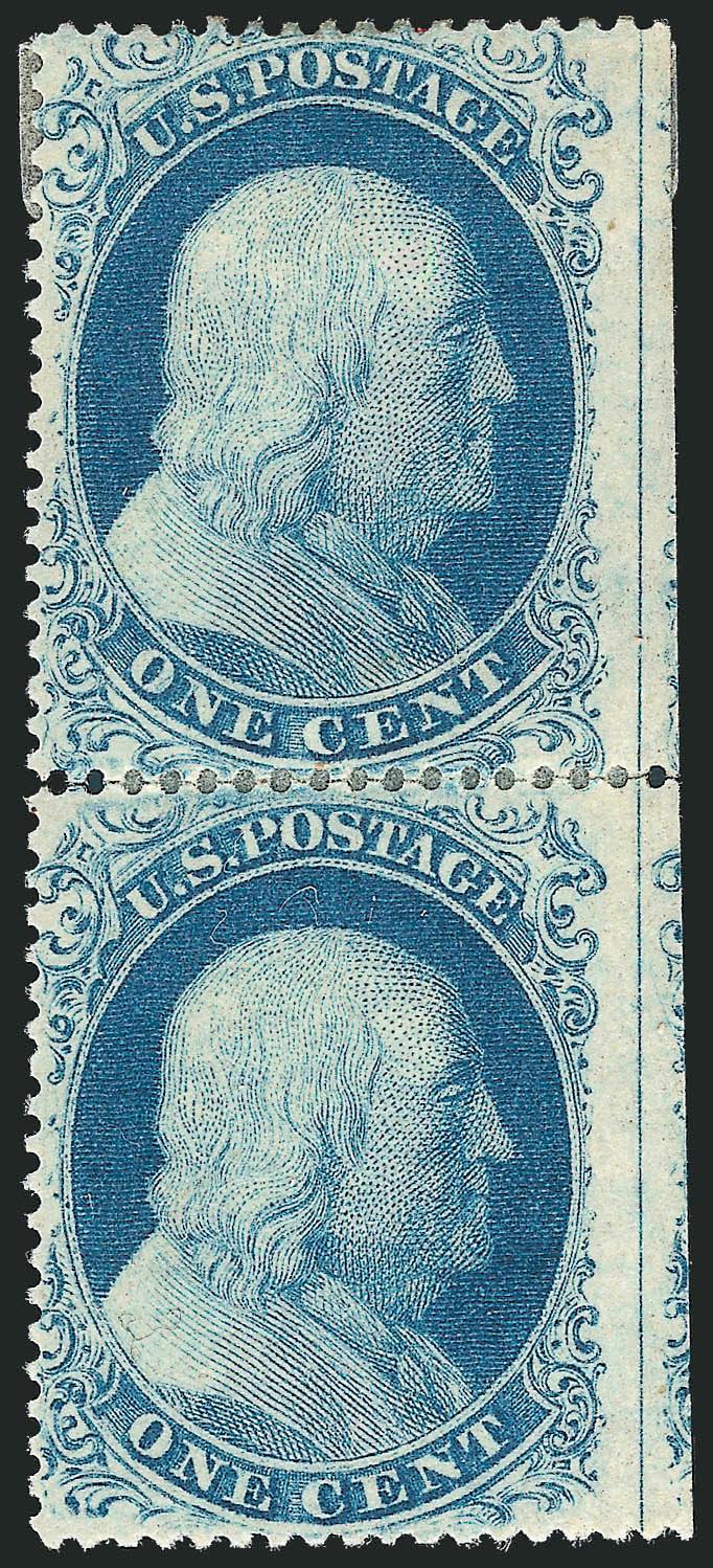 1c Blue, Ty. III (1820).> Positions 7080L12, CB Reliefs, rejoined vertical pair with <straddle-pane and centerline> at right, original gum, h.r., radiant color, Very Fine, attractive, ex Neinken