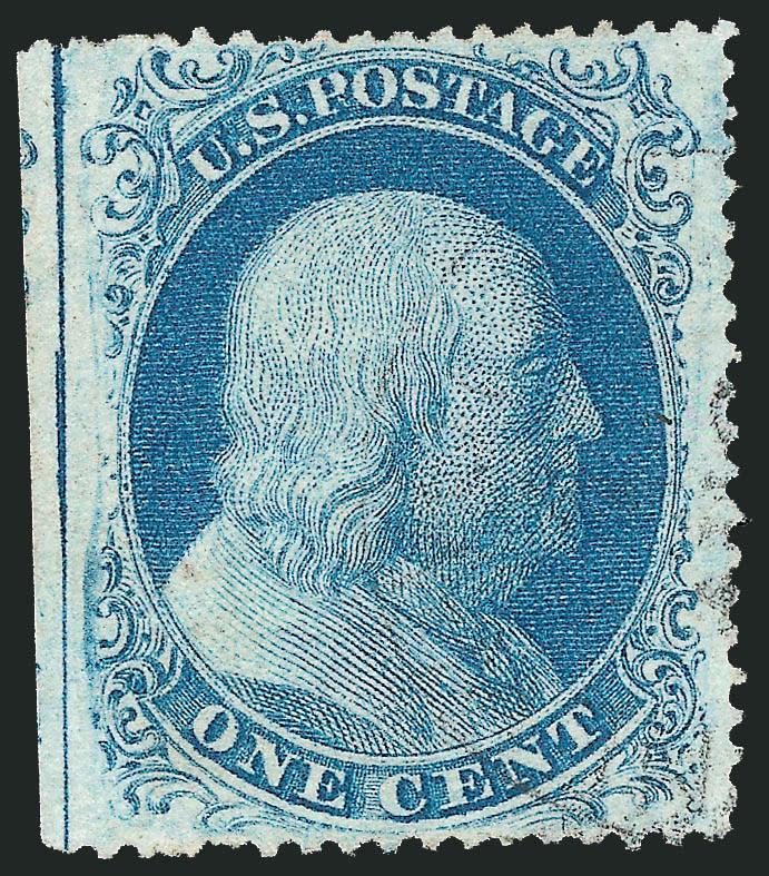 1c Blue, Ty. II (20).> Position 1R12, A Relief with <straddle-pane margin and centerline> at left, bright color, faint cancel leaves entire design clearly visible, Extremely Fine, the A Relief was used only to
enter the top row (except possibly Posit