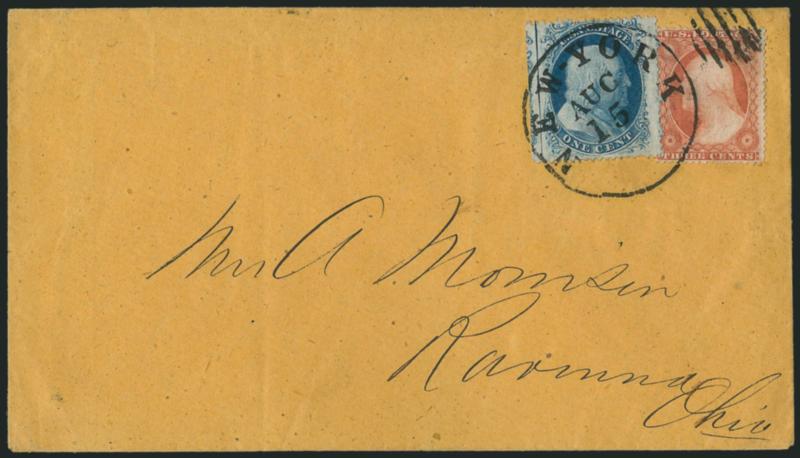 1c Blue, Ty. II (20).> Position 1R12, A Relief with <straddle-pane margin and centerline> at left, used with <3c Dull Red, Ty. III (26),> tied by grid and New-York Aug. 15 circular datestamp on buff cover to
Ravenna O., fresh and Very Fine carrier
