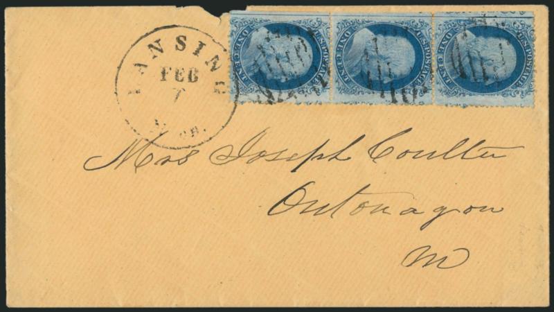 1c Blue, Ty. IIIII (202018).> Positions 11121R12, vertical strip of three with <straddle-pane margin and centerline> at left, top two stamps Type II (AB Reliefs), bottom Type I (C Relief), tied by grid
cancels, Lansing Mich. Feb. 7 circular