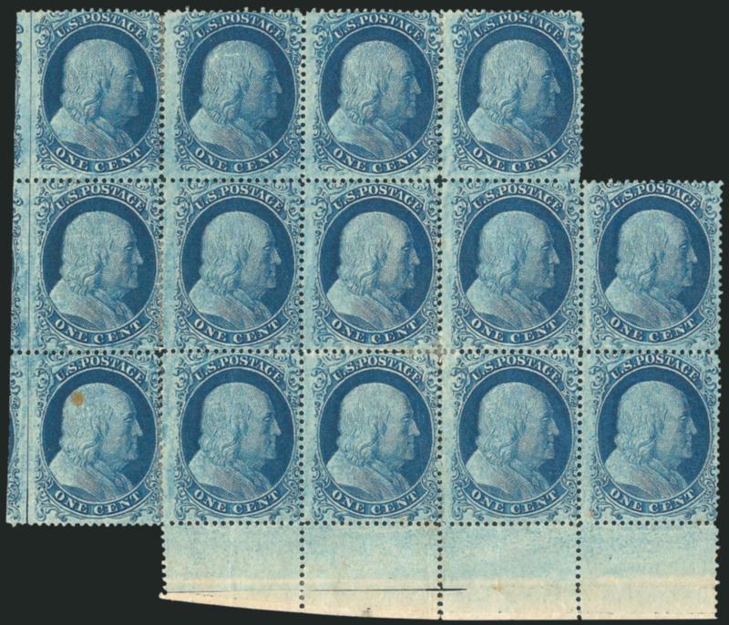 1c Blue, Ty. I, II (18, 20).> Positions 71-7481-8591-95R12, block of 14 with <selvage at bottom> along four stamps and <straddle-pane margin and centerline> at left, top four stamps Type II (B Relief), other
ten Type I (C Relief), Position 74R <dou